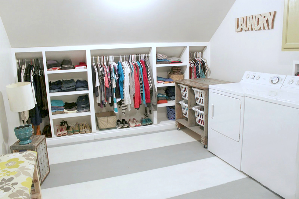 miniature closet built into low ceiling
