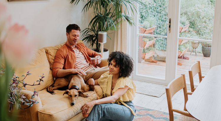 man sitting on couch petting a grey hound woman sitting on floor looking thoughtful