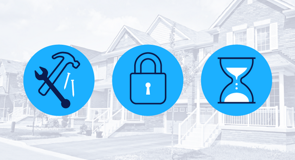 illustrated tools lock and hour glass on blue circle backgrounds